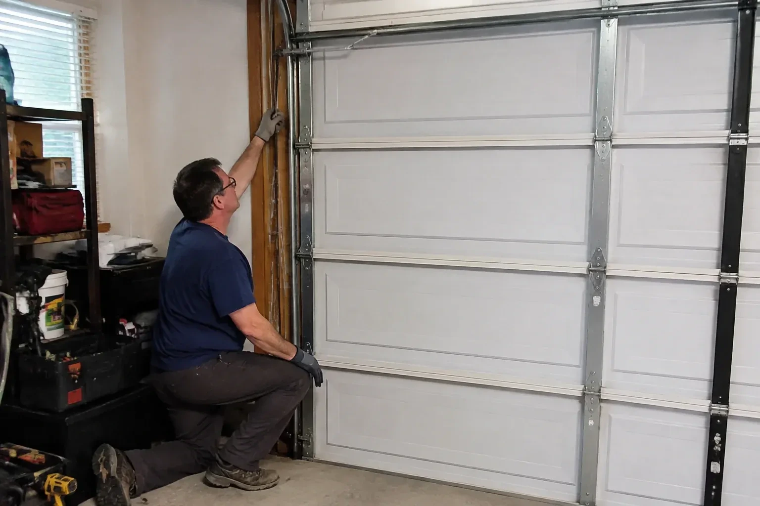 Person kneeling inside a garage reaching up along the vertical track of a white paneled door, with a toolbox and drill nearby. — Garage Door Cable Replacement, Toronto