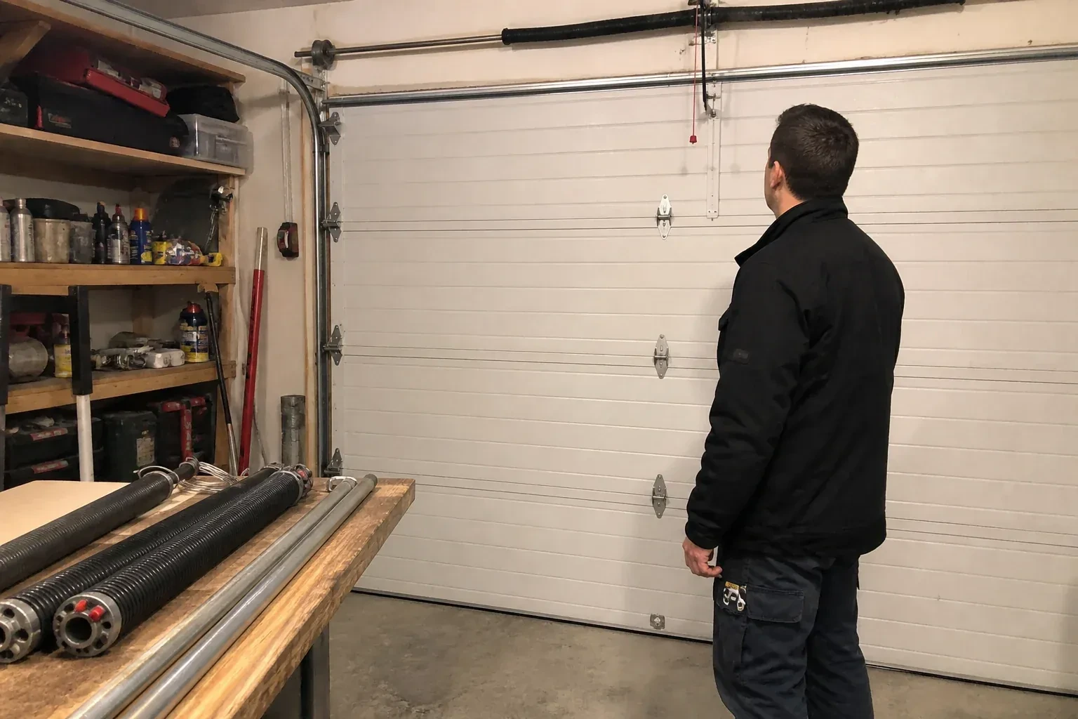 Person in a jacket facing a closed white sectional door, with coiled springs and steel tubes on a wooden bench. — Extension Spring Replacement, Toronto