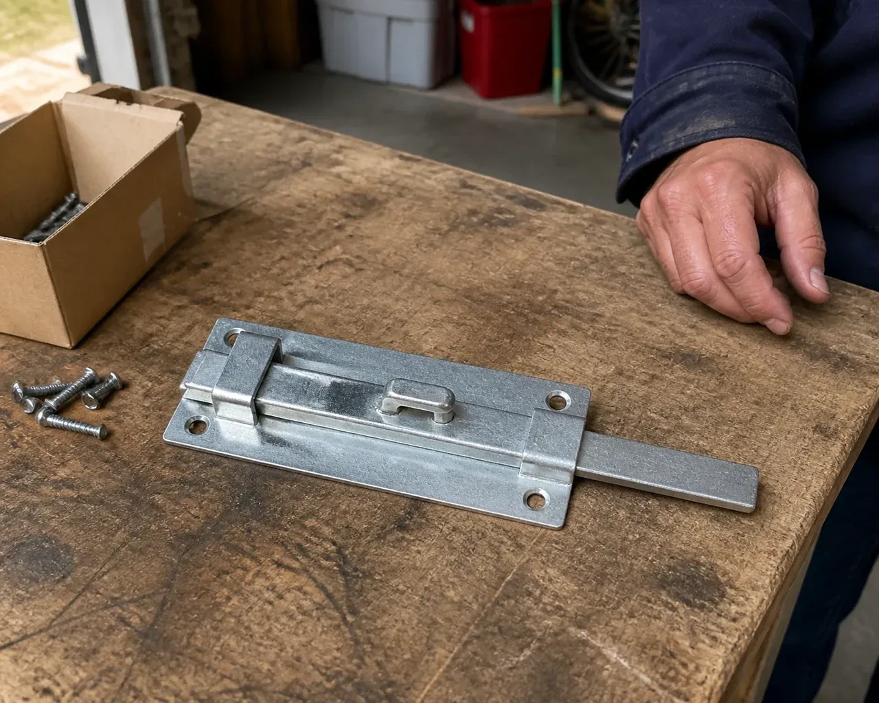 A detached metal slide bolt with mounting holes and retaining guides rests beside screws on a workbench. — Garage Door Manual Lock Repair, Toronto