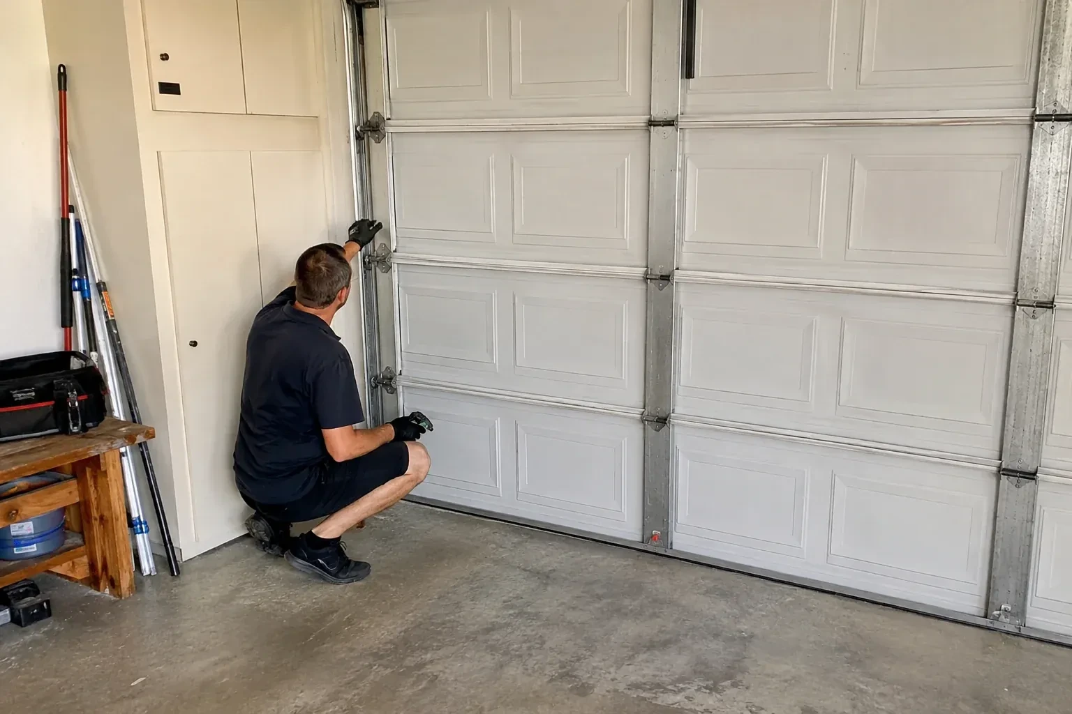 A person kneels beside the side track and hinges of a closed sectional garage door. — Garage Door Safety Inspection, Toronto