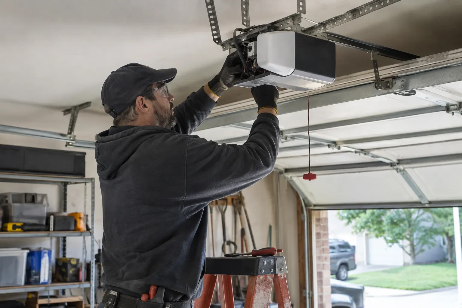 Technician standing on a stepladder, reaching up with gloved hands to a white and black garage-door opener fixed to the ceiling.
